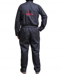 Six pocket full sleeve overalls workwear made of twill fabric by Custom Workwears in Grey color for VFFA back pose