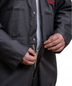 Six pocket full sleeve overalls workwear made of twill fabric by Custom Workwears in Grey color for VFFA closeup