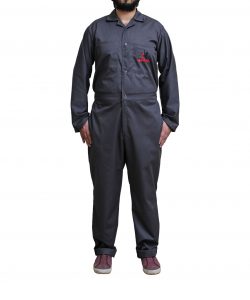 Six pocket full sleeve overalls workwear made of twill fabric by Custom Workwears in Grey color for VFFA front pose