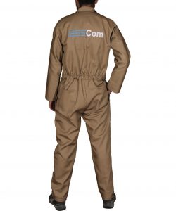 Six pocket dungarees full sleeve workwear made of twill fabric by Custom Workwears in Beige color for Esscom engineering back pose