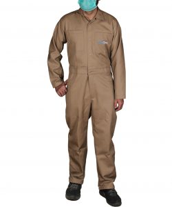 Six pocket dungarees full sleeve workwear made of twill fabric by Custom Workwears in Beige color for Esscom engineering front pose