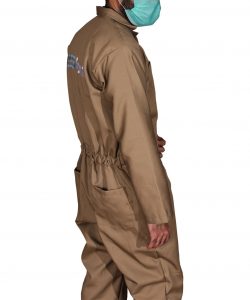 Six pocket dungarees full sleeve workwear made of twill fabric by Custom Workwears in Beige color for Esscom engineering side pose