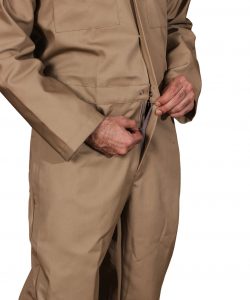 Six pocket dungarees full sleeve workwear made of twill fabric by Custom Workwears in Beige color for Esscom engineering zipper closeup