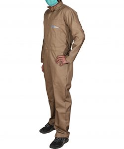 Six pocket dungarees full sleeve workwear made of twill fabric by Custom Workwears in Beige color for Esscom engineering side pose